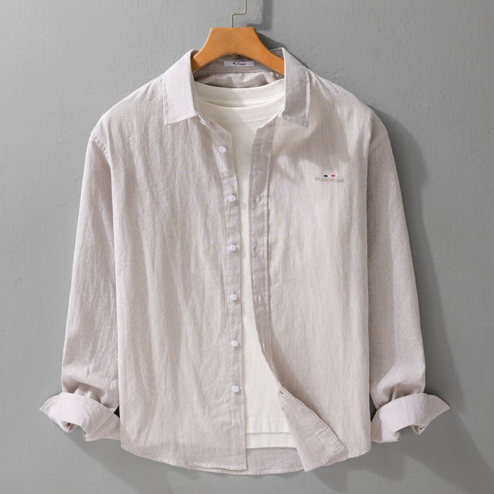 Men's Light Long Sleeve Shirt with Fine Pinstripes and Chest Embroidery Mune Fashion