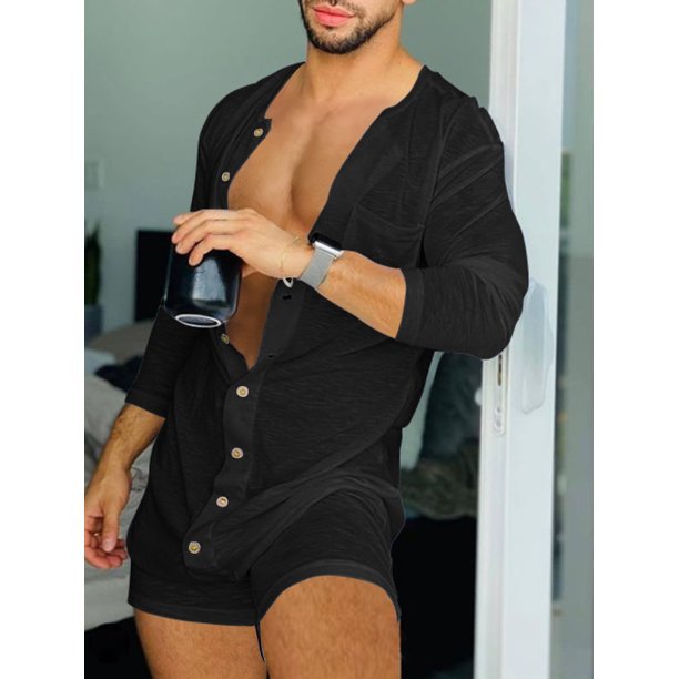 Men's comfortable short overall with round neck, continuous wooden button placket and chest pocket Mune Fashion