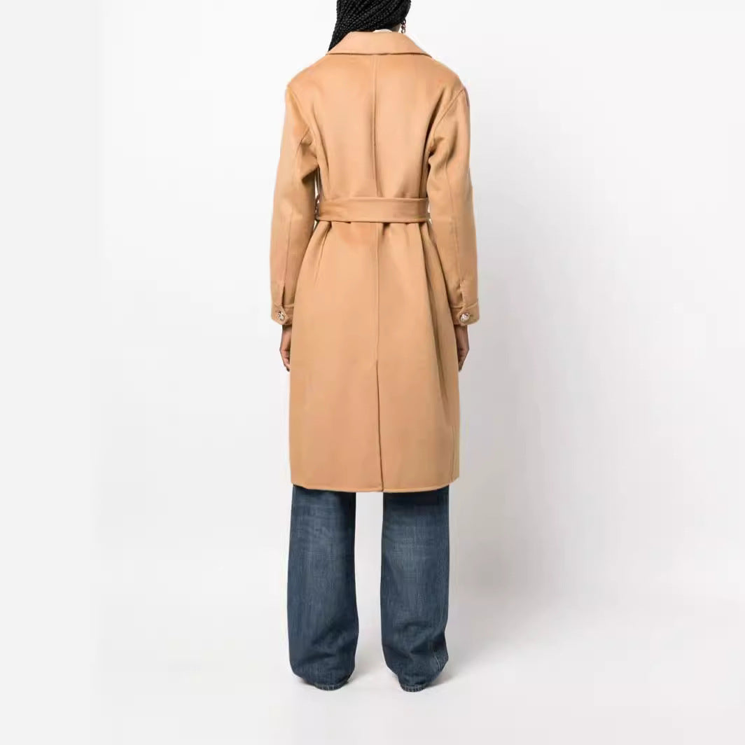 Women's Midi-Length Wrap Coat in Clean-Cut made of Wool-Cashmere Blend with Tie Belt Mune Fashion