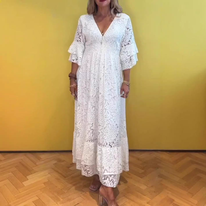 Women’s Boho Lace Maxi Dress with V-Neck, Underbust Seam, and Tiered Ruffle Sleeves Mune Fashion