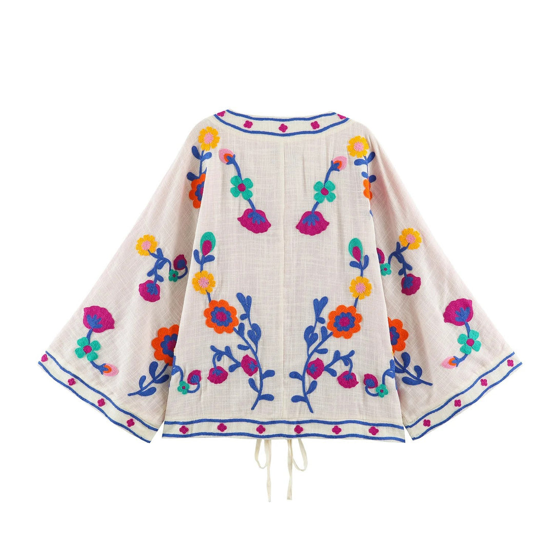 Women Lightweight Embroidered Kimono Cardigan with Floral Applique and Tie Band Mune Fashion