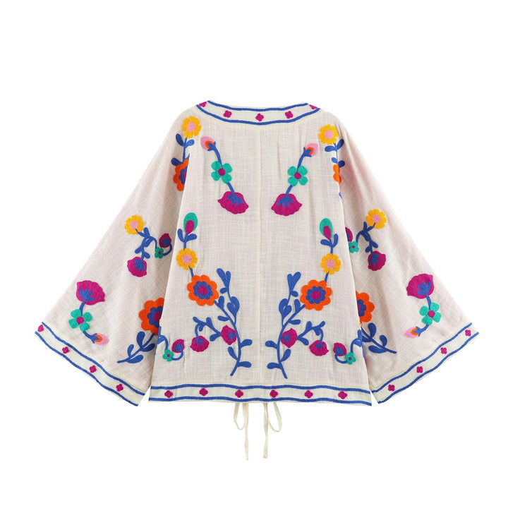 Women Lightweight Embroidered Kimono Cardigan with Floral Applique and Tie Band Mune Fashion