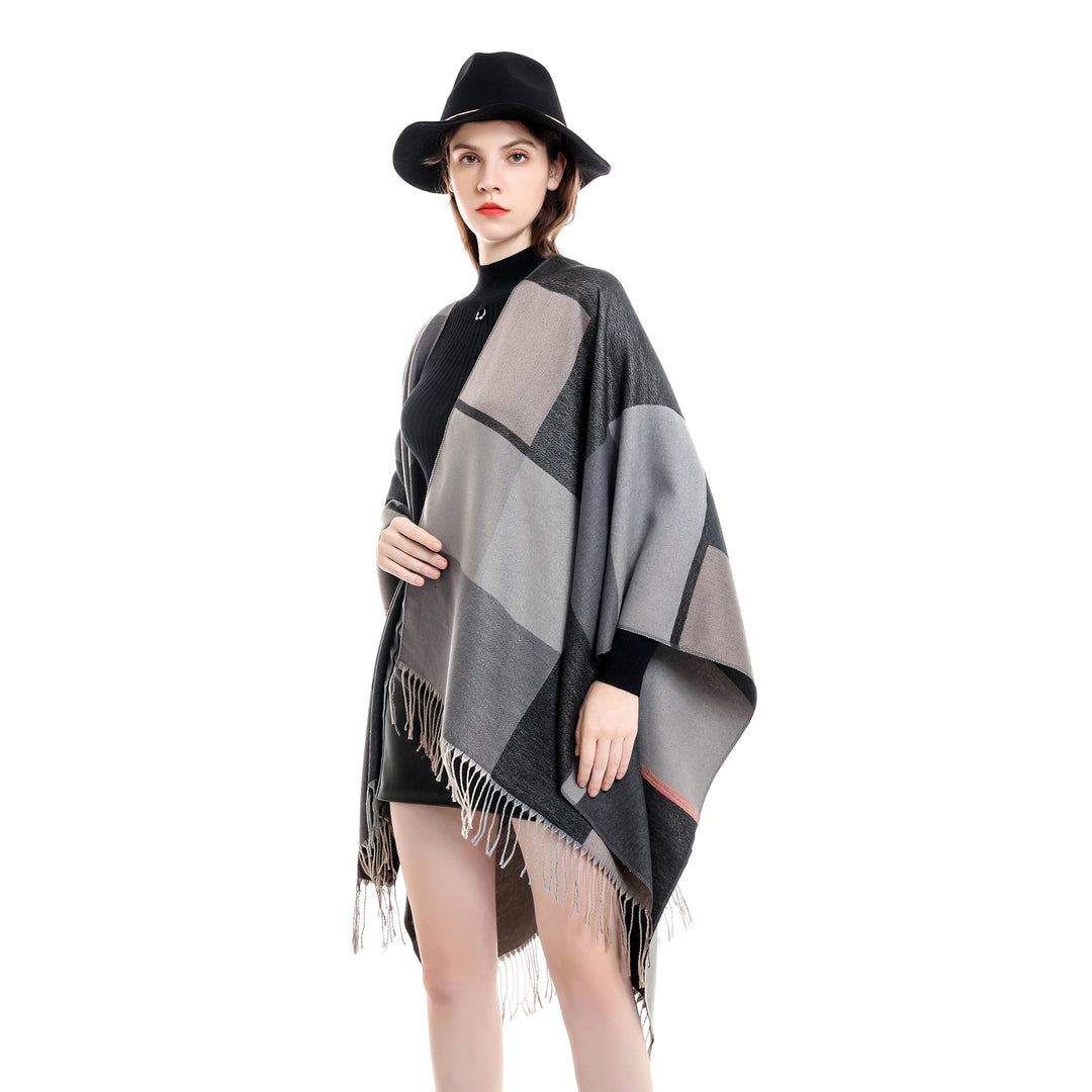 Ladies Lightweight Woven Ruana with Geometric Block Pattern and Fringe Hem Mune Fashion