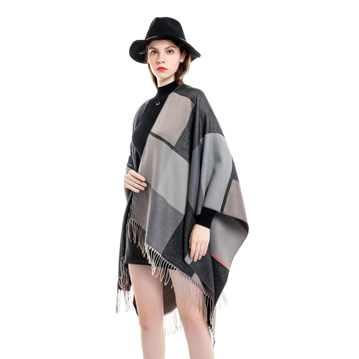 Ladies Lightweight Woven Ruana with Geometric Block Pattern and Fringe Hem Mune Fashion