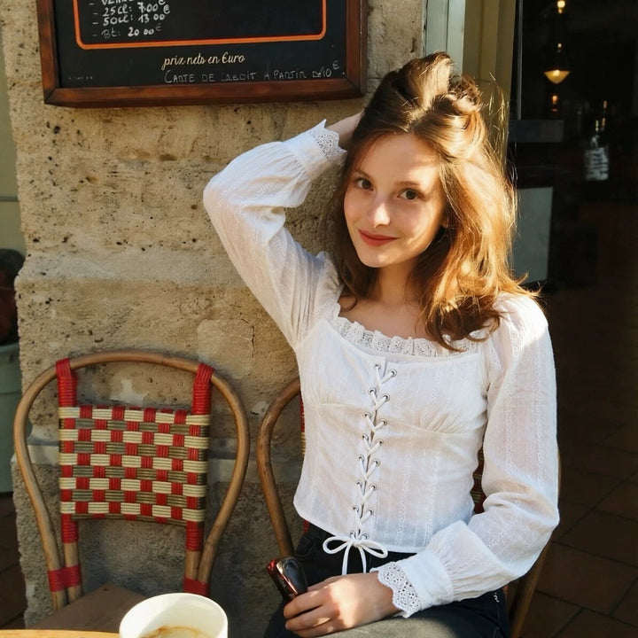 Ladies corset top in broderie look with lacing and puff sleeves Mune Fashion