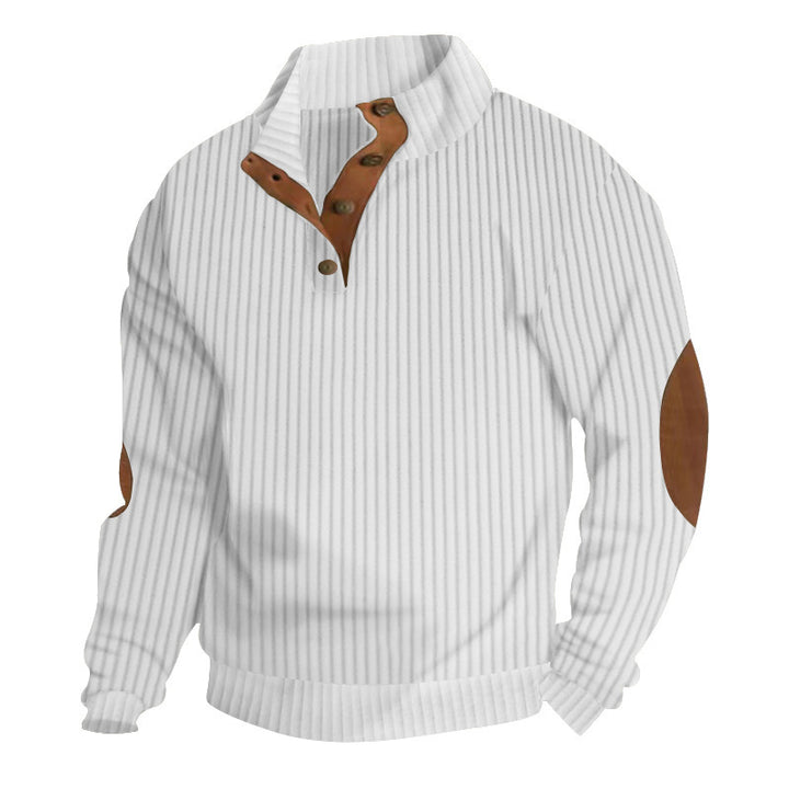 Men's chunky knit turtleneck with cable pattern, stand-up collar and leather elbow patches Mune Fashion
