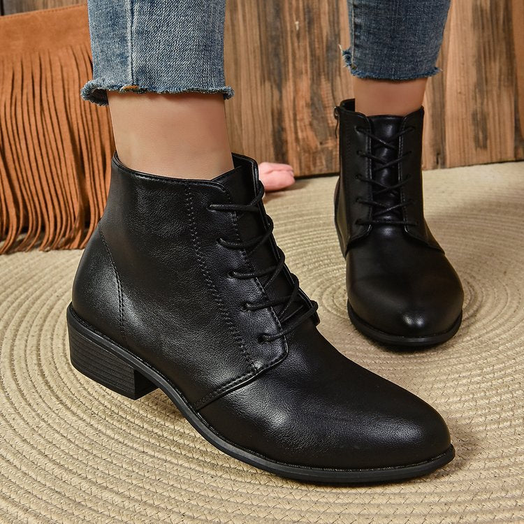 Women's ankle-high lace-up ankle boots with side zipper and low block heel Mune Fashion