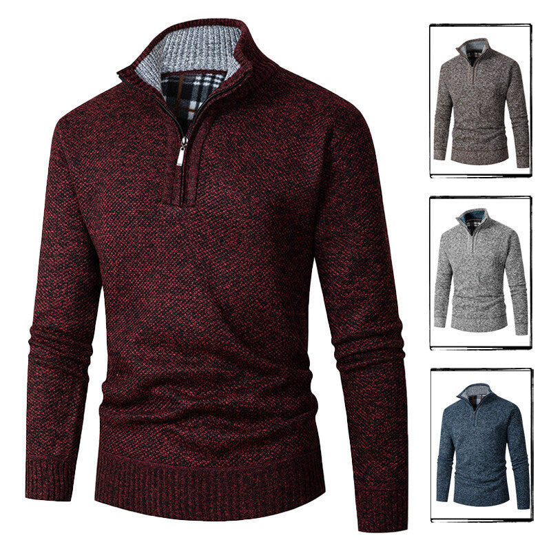Men's chunky knitted half-zip pullover with stand-up collar and checked collar interior Mune Fashion