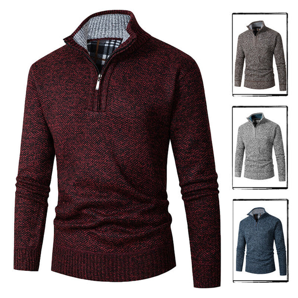 Men's chunky knitted half-zip pullover with stand-up collar and checked collar interior Mune Fashion