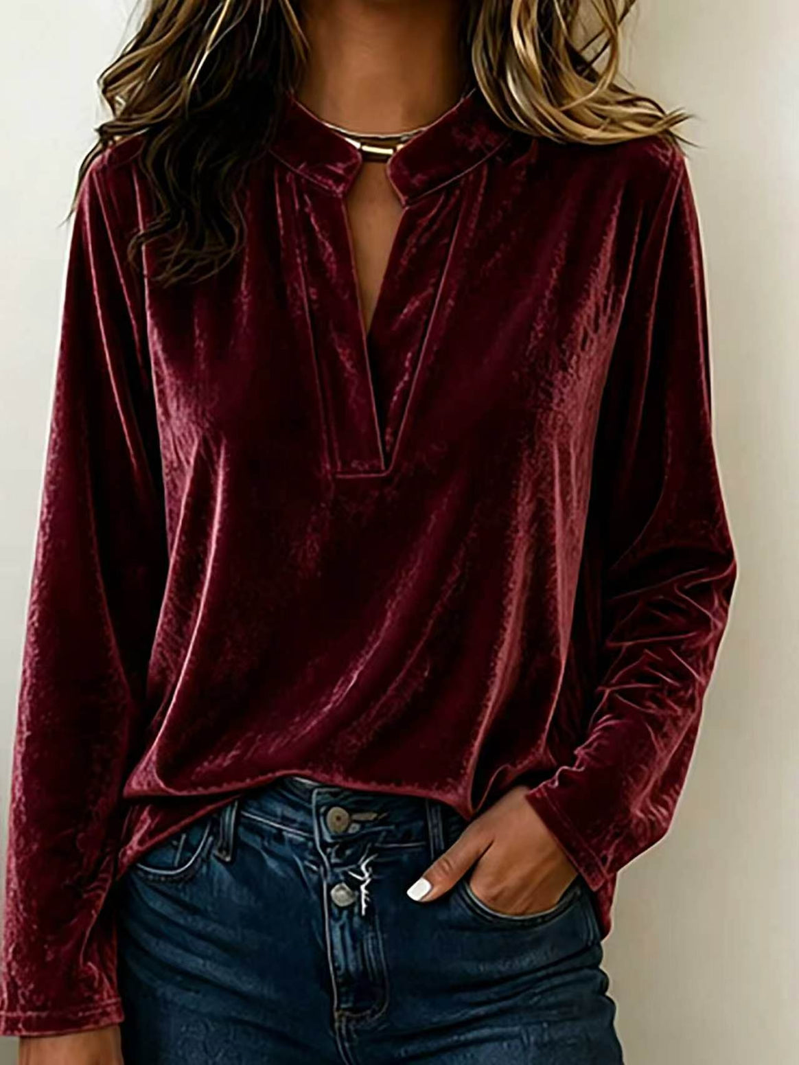 Women's velvet blouse with stand-up collar, deep V-neck and loose long sleeve cut Mune Fashion