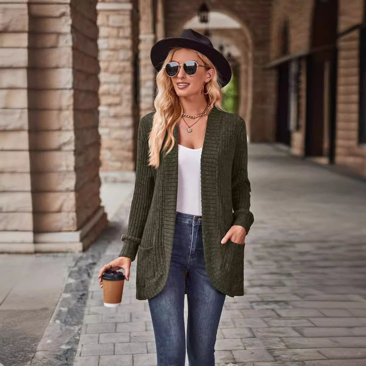 Women's longer ribbed cardigan with patch pockets and open front Mune Fashion
