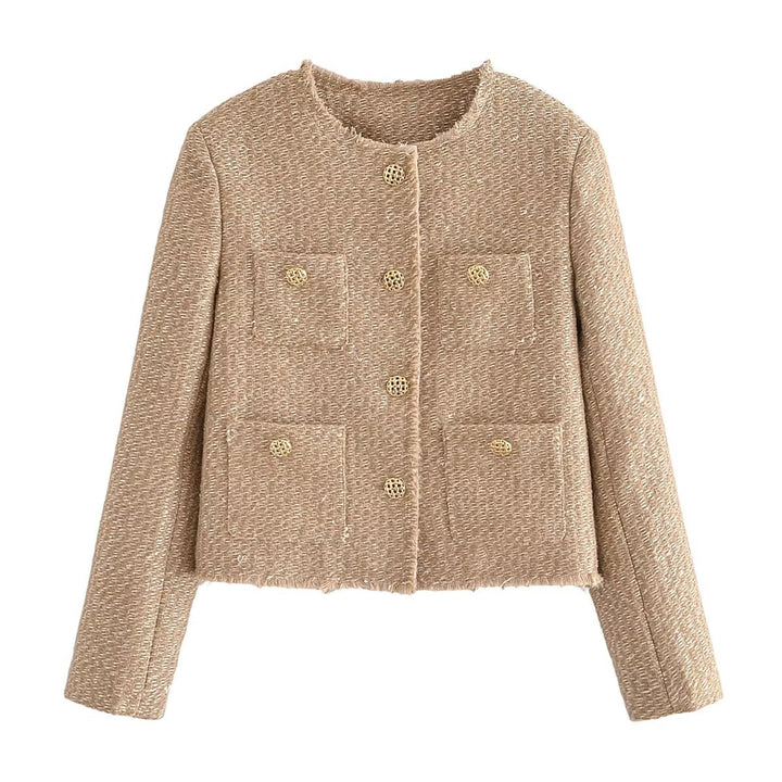 Women's Boucle Cropped Jacket without Collar with Decorative Buttons and Patch Pockets Mune Fashion