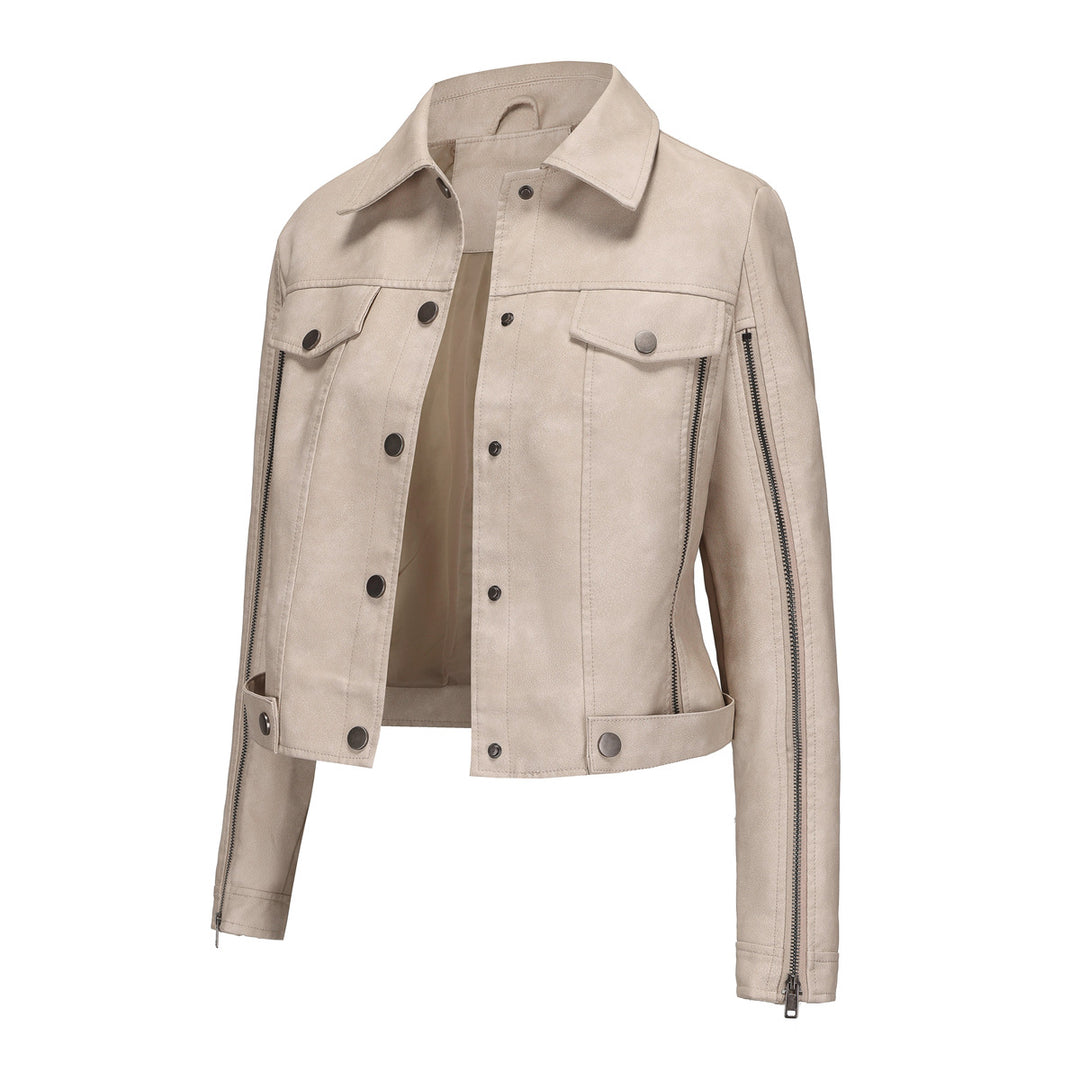 Ladies short cropped trucker jacket made of suede look with side zippers and patch chest pockets Mune Fashion