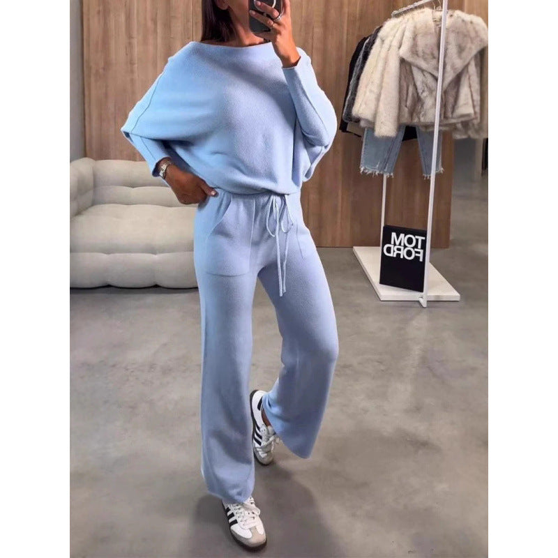 Women's Knit Loungewear Set with Oversized Shoulder, Wide Leg and Drawstring Mune Fashion