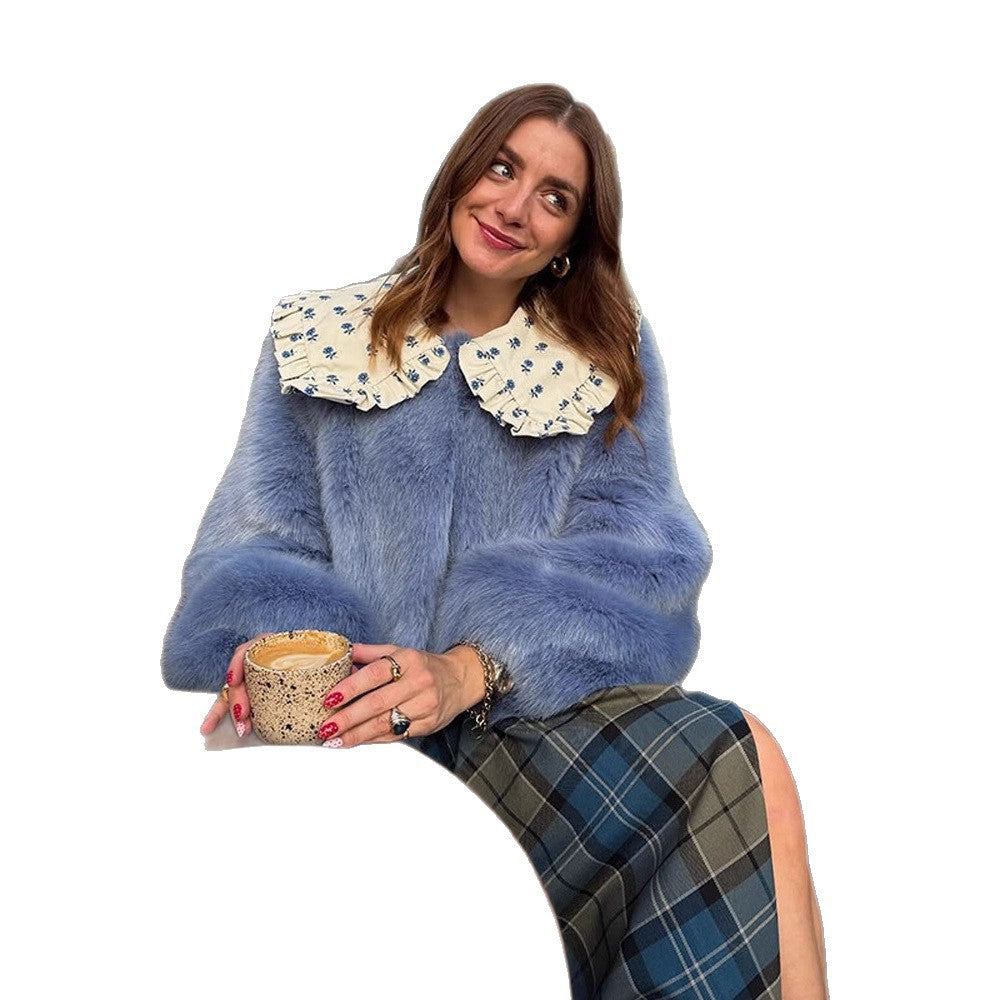 Women's Short Faux Fur Jacket with Distinctive Crochet Collar Mune Fashion