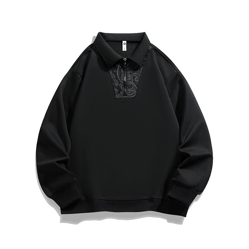 Men's Loose Sweatshirt with Polo Collar, Half Zipper and Paisley Trimming Mune Fashion