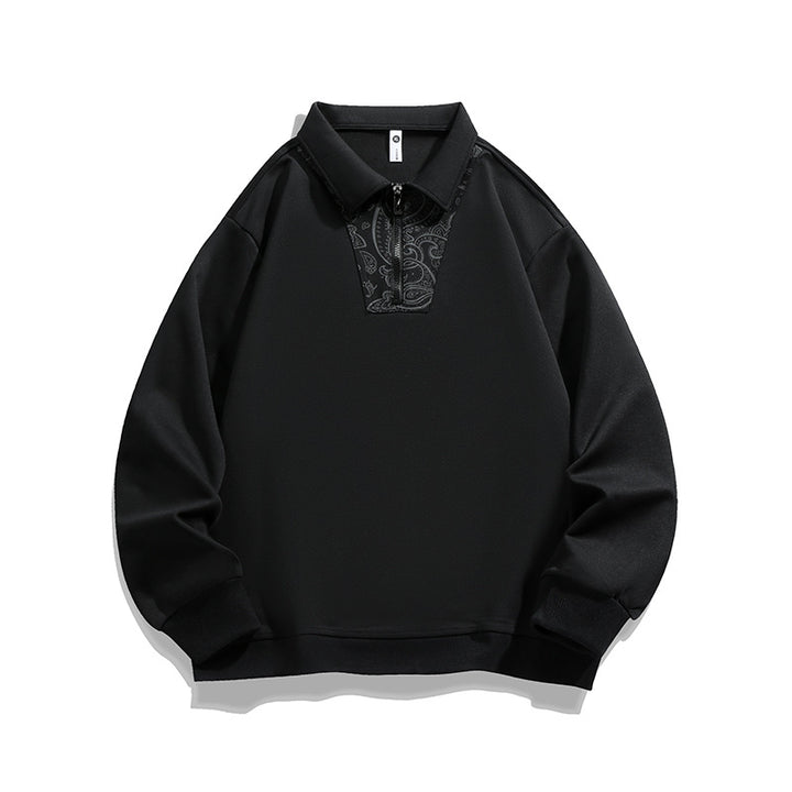 Men's Loose Sweatshirt with Polo Collar, Half Zipper and Paisley Trimming Mune Fashion