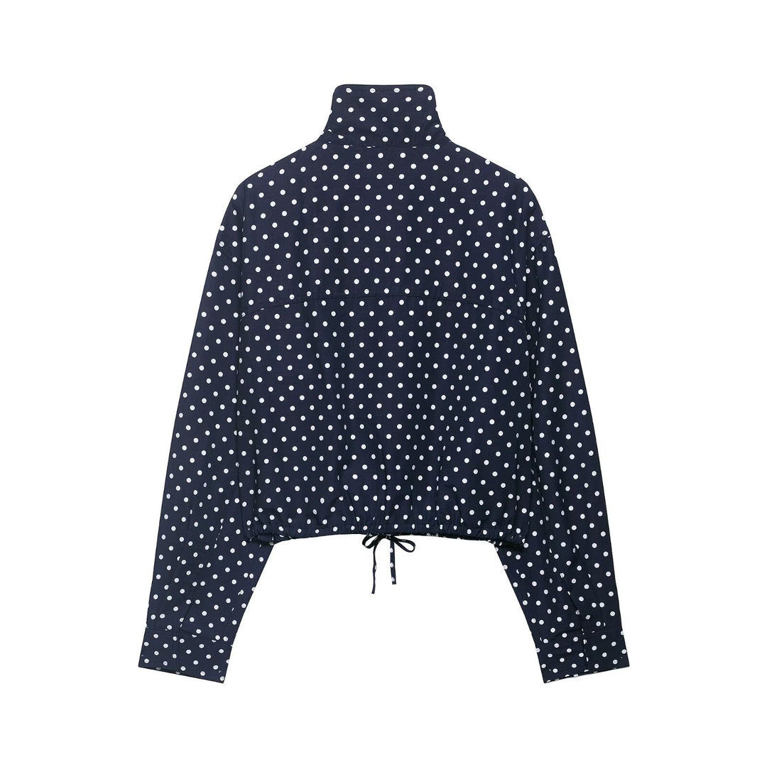 Women's Polka Dot Cropped Blouse Jacket with Stand Collar, Drawstring and Side Pockets Mune Fashion