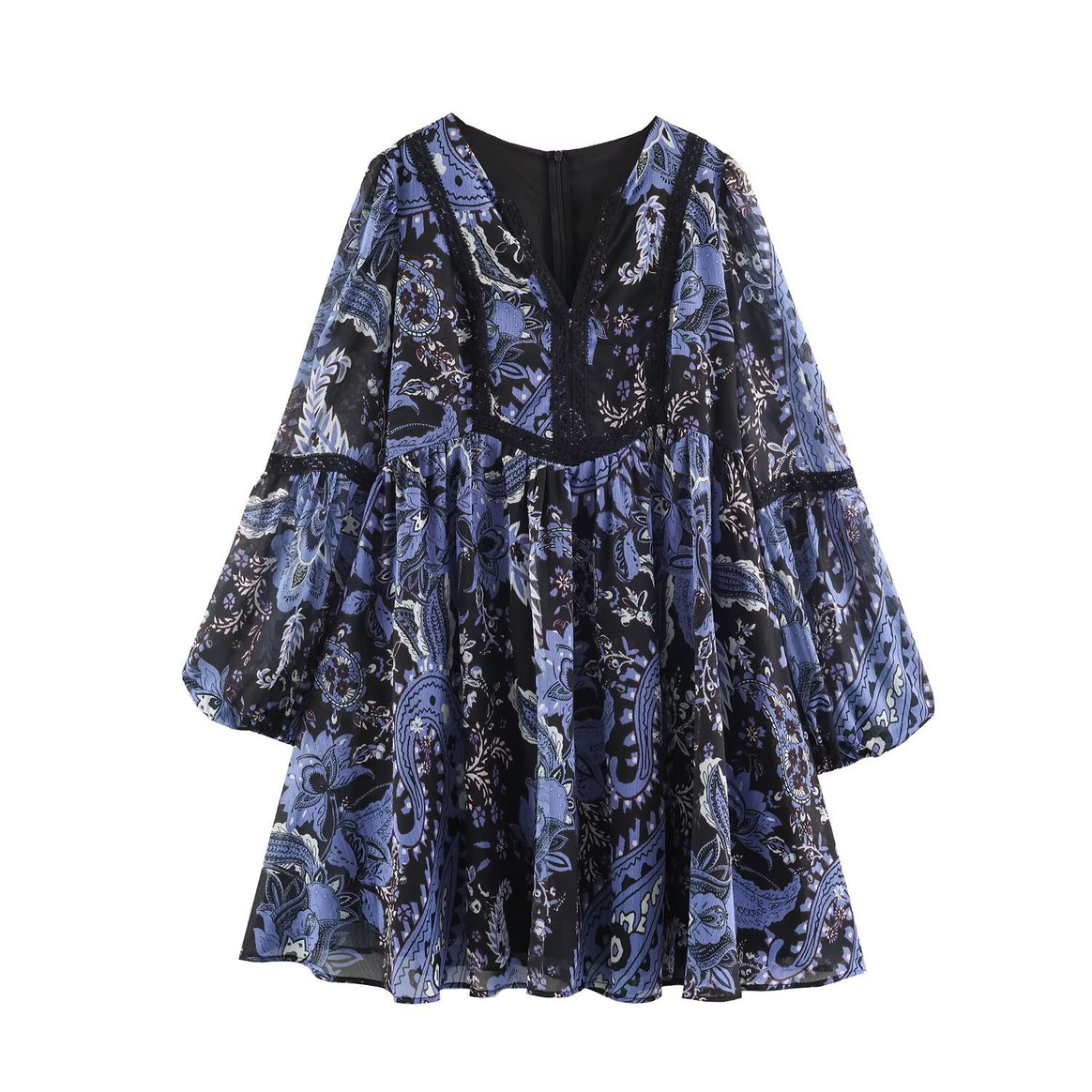 Women’s Boho Mini Dress with V-Neck, Lace Trim and Balloon Sleeves Mune Fashion