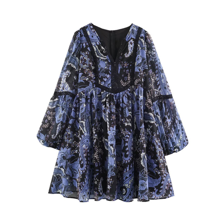Women’s Boho Mini Dress with V-Neck, Lace Trim and Balloon Sleeves Mune Fashion