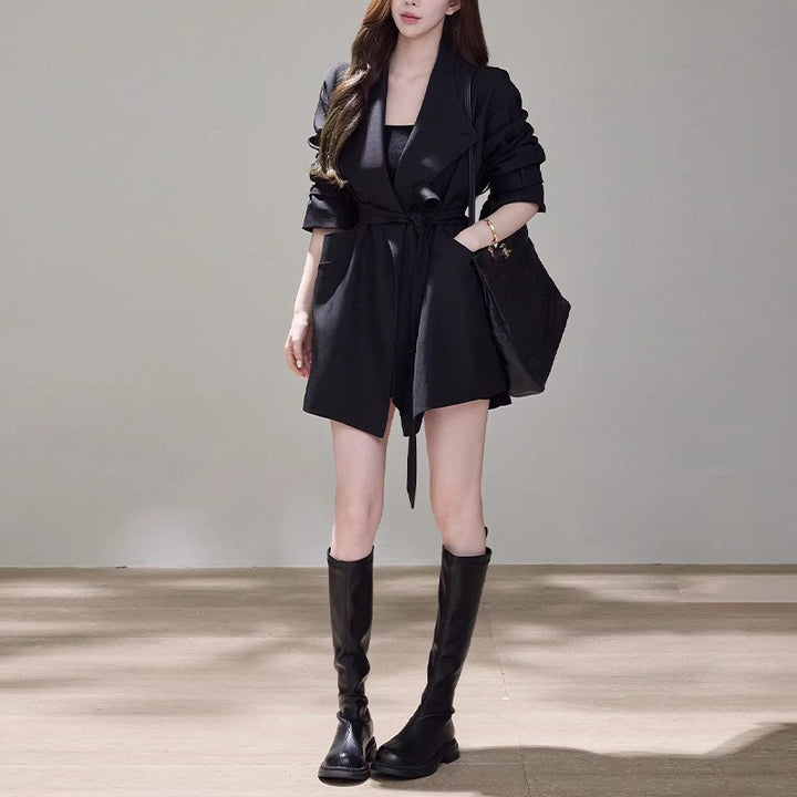 Women Short Wrap Coat Dress with Waist Belt and Casual A-Line Mune Fashion