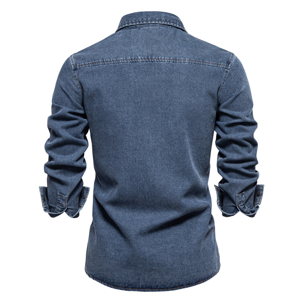 Men's tailored denim shirt with Kent collar, patch chest pockets and contrast stitching Mune Fashion