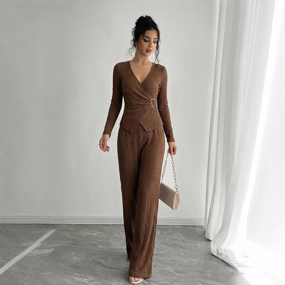 Women's tailored wrap two-piece with decorative buckle and wide pant leg Mune Fashion