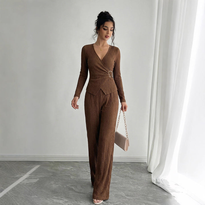 Women's tailored wrap two-piece with decorative buckle and wide pant leg Mune Fashion