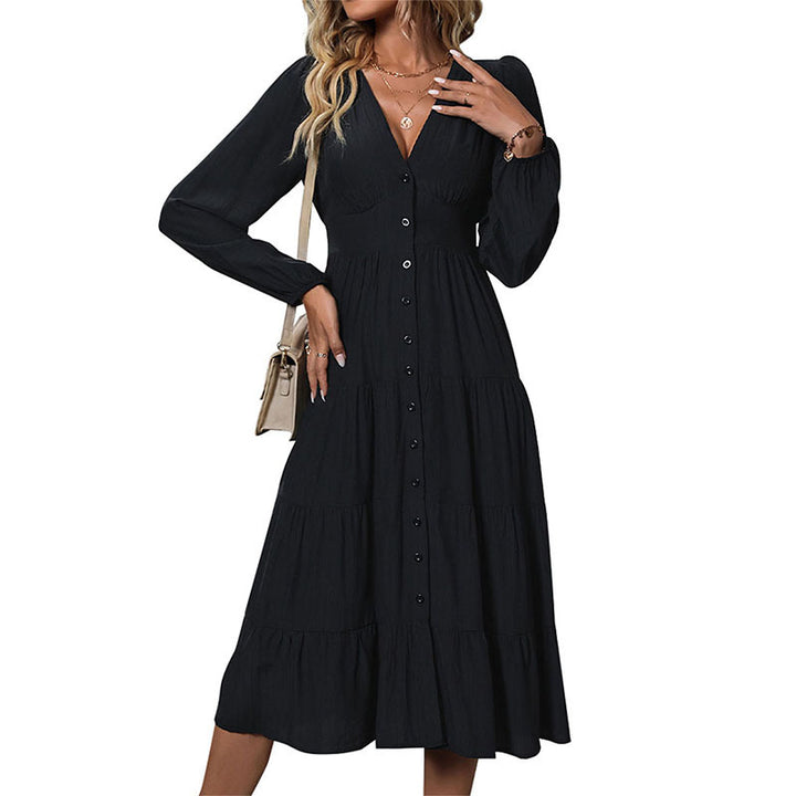Women Viscose-Look Tiered Dress with Continuous Button Placket, Fitted Empire Seam and Balloon Sleeves Mune Fashion