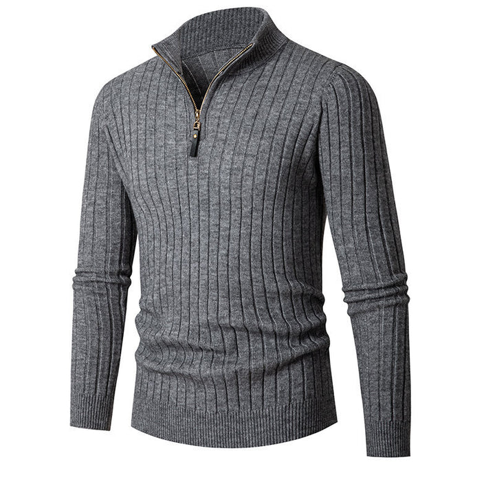 Men's Ribbed Fine Knit Half-Zip Jumper with High Collar and Zipper Mune Fashion