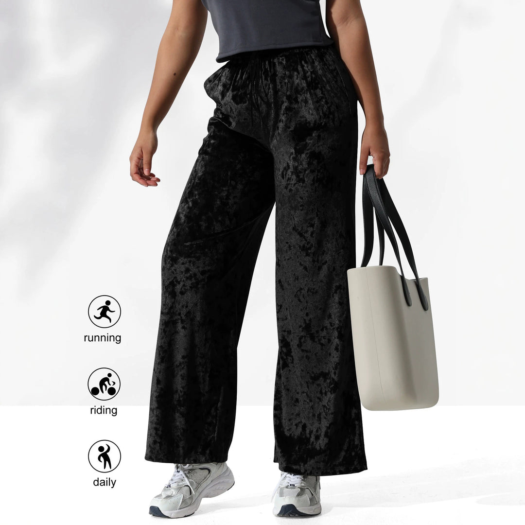 Ladies velour pants with wide leg, drawstring and side pockets Mune Fashion