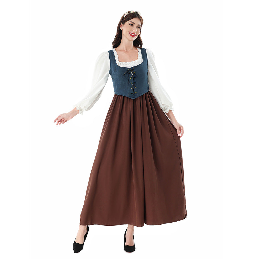 Women's nan historical medieval dress with laced bodice, ruffled blouse, and wide maxi skirt Mune Fashion