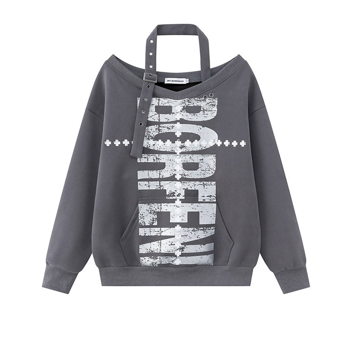 Women's oversized sweatshirt with asymmetrical strap, kangaroo pocket and large lettering Mune Fashion