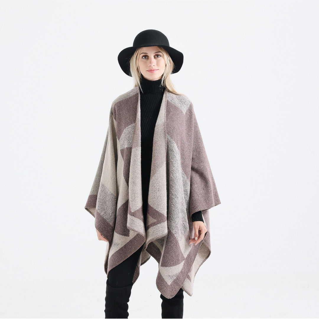 Women's Versatile Wool Blend Throw Poncho with Geometric Jacquard and Open Front