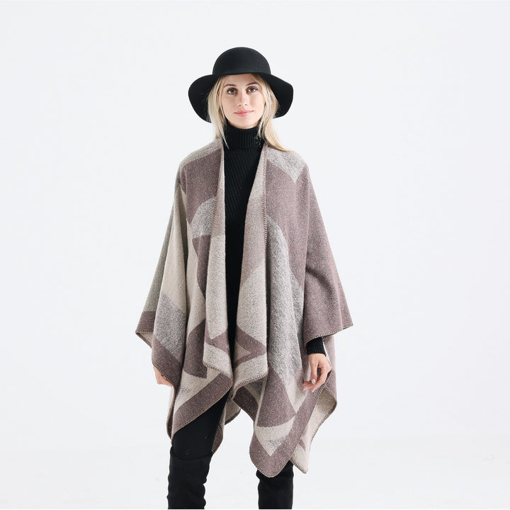 Women's Versatile Wool Blend Throw Poncho with Geometric Jacquard and Open Front