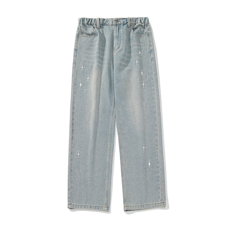 Women High-Waisted Jeans with Gathered Waistband, Star Embroidery, and Wide Leg Mune Fashion