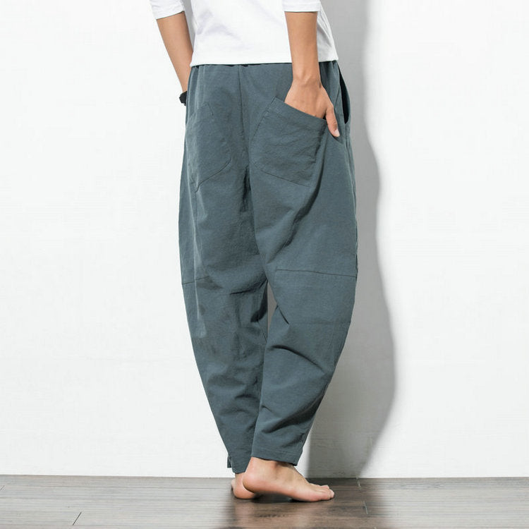 Men's loosely cut linen-cotton harem pants with drawstring and side pockets Mune Fashion
