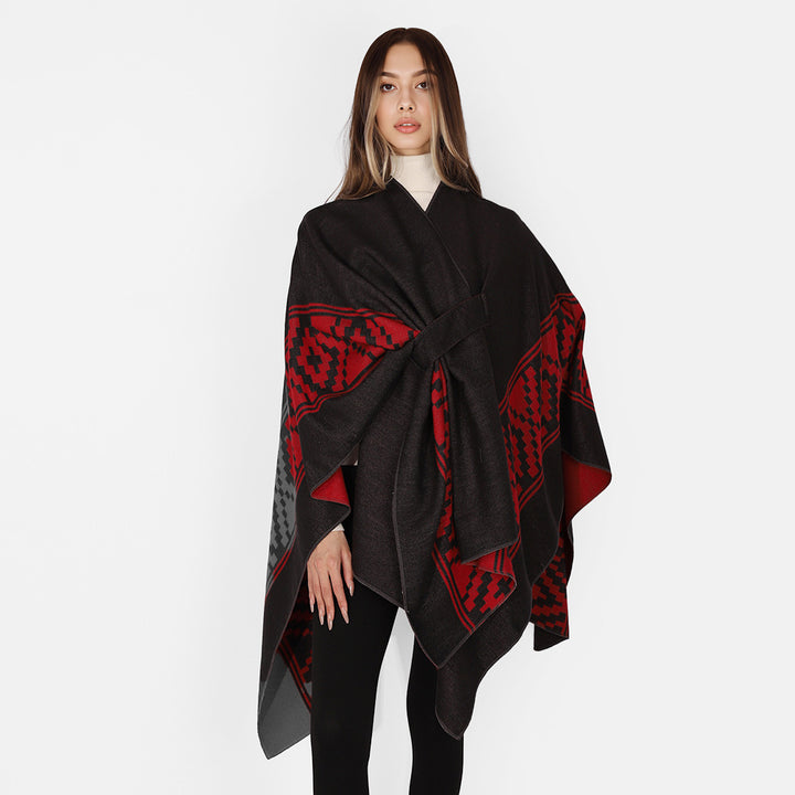 Women's Jacquard Ruana with TIE BELT and geometric pattern Mune Fashion