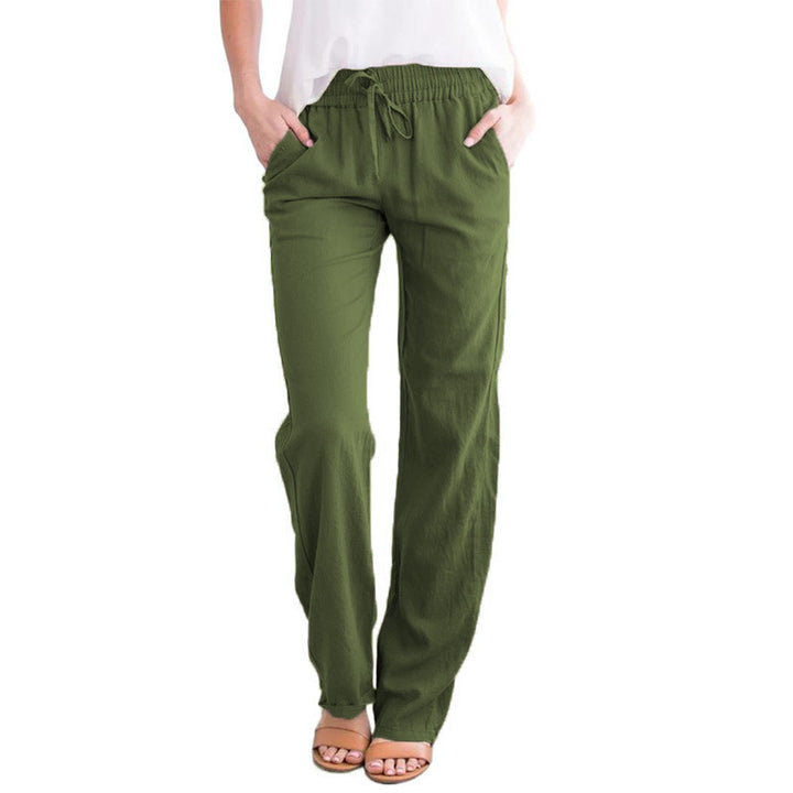 Women Light Linen Look Palazzo Pants with Elastic Waist, Drawstring and Side Pockets Mune Fashion