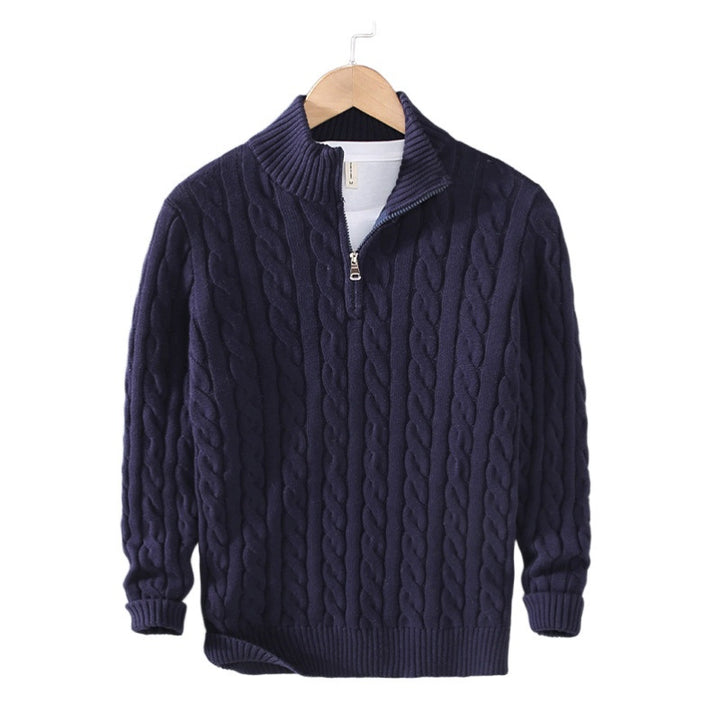 Men's cable knit semi-zip pullover made of soft cotton blend with stand-up collar Mune Fashion