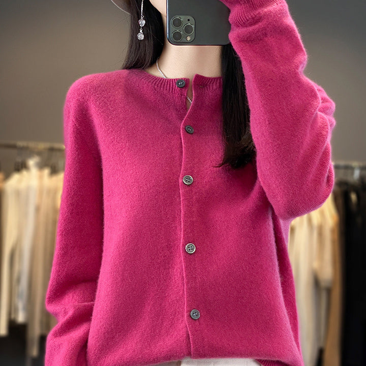 Women Lightweight Fine Knit Cardigan with Cashmere Look, Round Neckline and Hidden Button Placket Mune Fashion