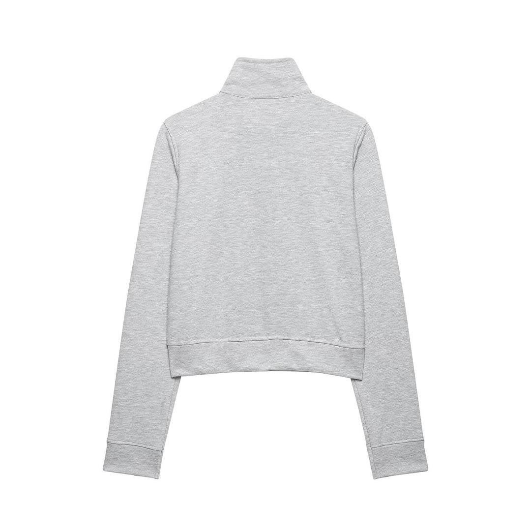Women's Cropped Sweat Jacket with Stand Collar and Decorative Button Placket Mune Fashion