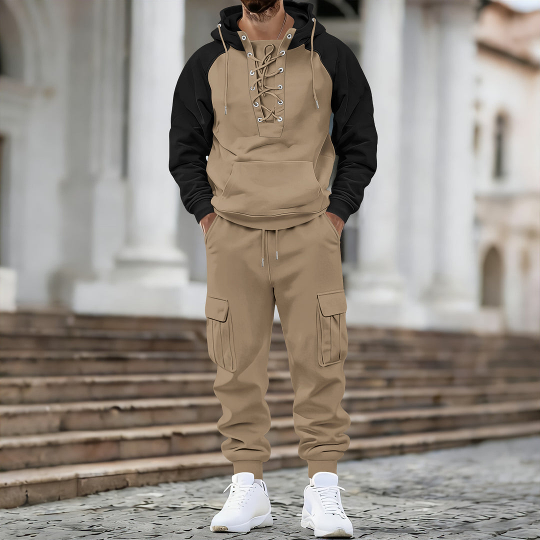Men's hooded sweatshirt with front laced placket, raglan sleeves, and kangaroo pocket Mune Fashion