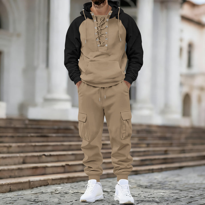 Men's hooded sweatshirt with front laced placket, raglan sleeves, and kangaroo pocket Mune Fashion