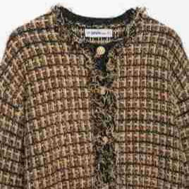 Women's Boucle-Tweed Cropped Jacket with Fringe Trim and Round Neck