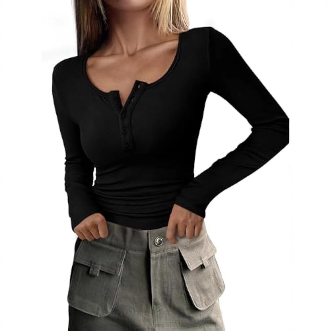 Women Long Sleeve Ribbed Shirt with Henley Button Placket and Tailored Fit Drune