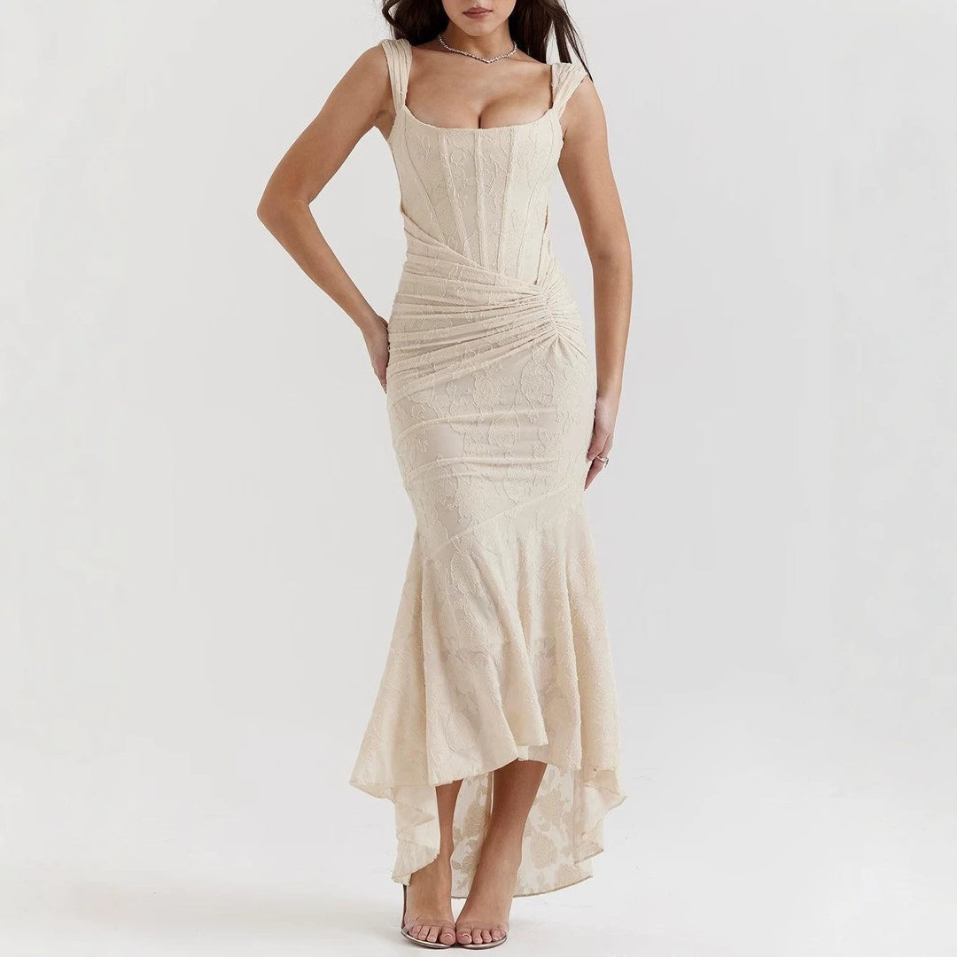 Women’s tight-fitting corset evening dress with integrated boning, ruched wrap design, and floral jacquard texture Mune Fashion