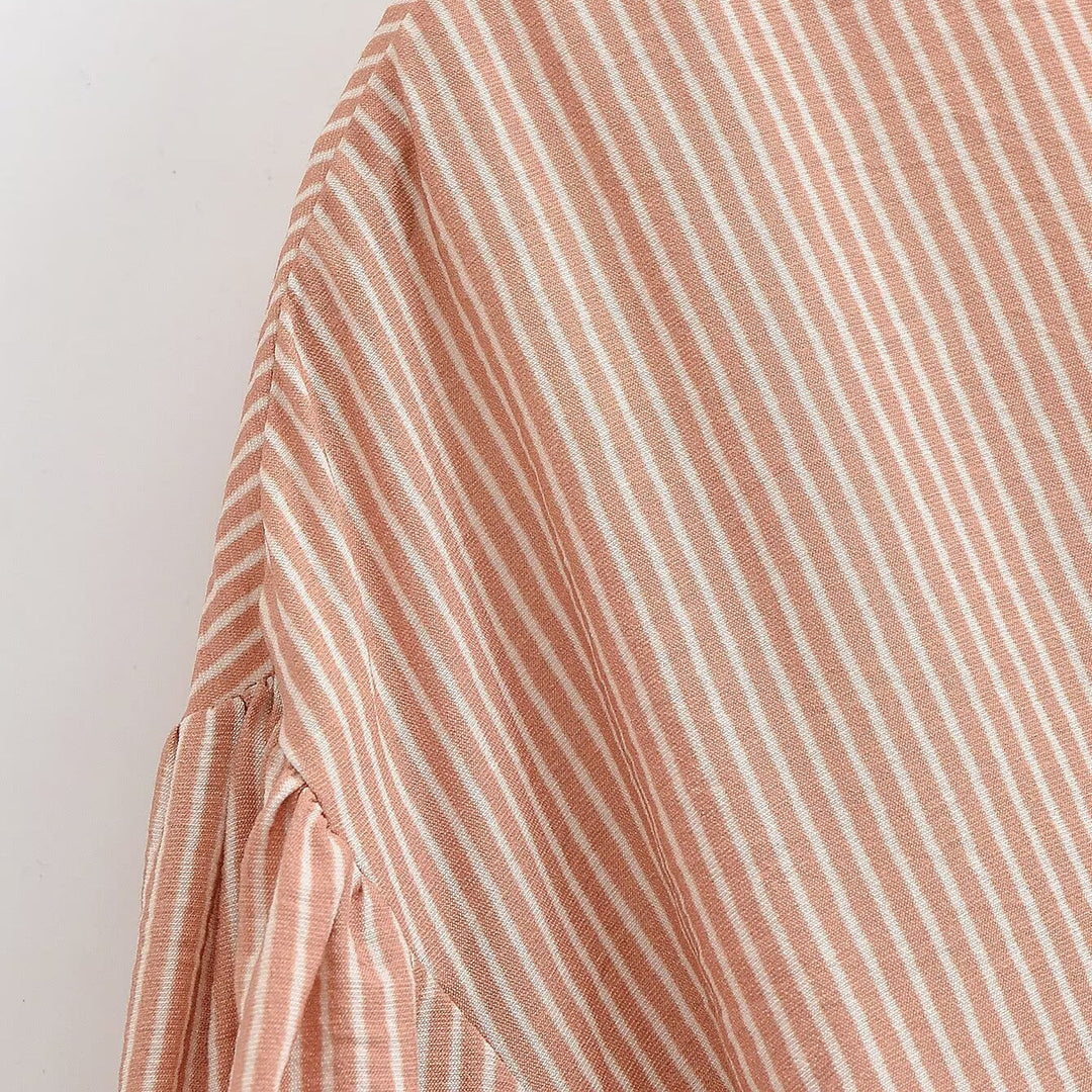 Women's Striped Pullover Blouse with Bow Collar, Balloon Sleeves and Cuffs Mune Fashion