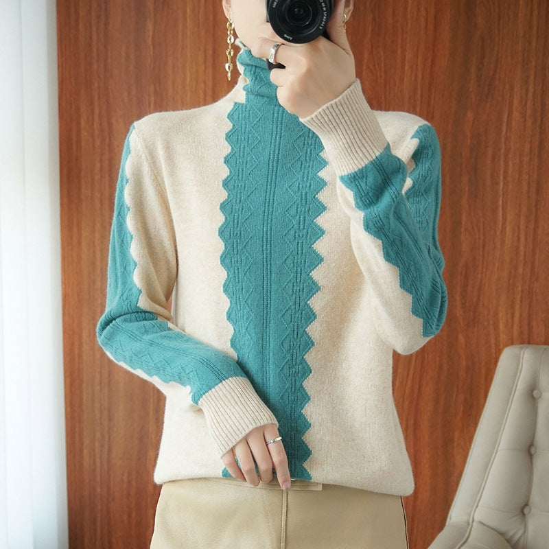 Women’s premium turtleneck sweater made of fine knit with centered lace cable structure Mune Fashion