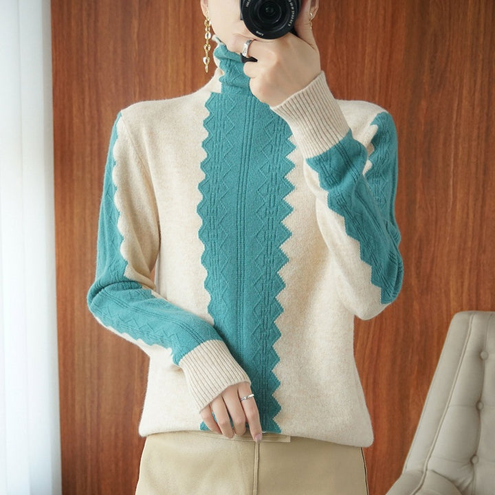 Women’s premium turtleneck sweater made of fine knit with centered lace cable structure Mune Fashion